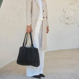 DEPECHE Shopper leather bag decorated with weaving Shopper 099 Black (Nero)