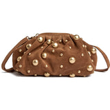 DEPECHE Suede clutch bag with all-over round studs Clutch 028 Caramel