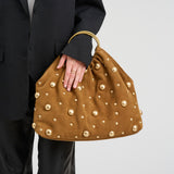 DEPECHE Suede handbag with studs and metal rings Shoulderbag / Handbag 028 Caramel