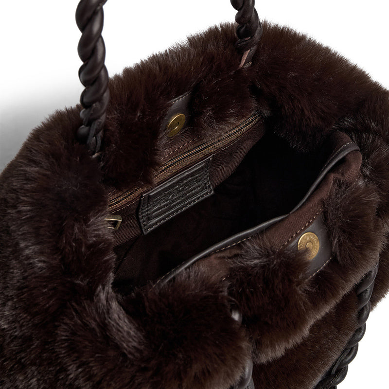 DEPECHE Faux fur handbag with braided leather handles Shoulderbag / Handbag 008 Chocolate