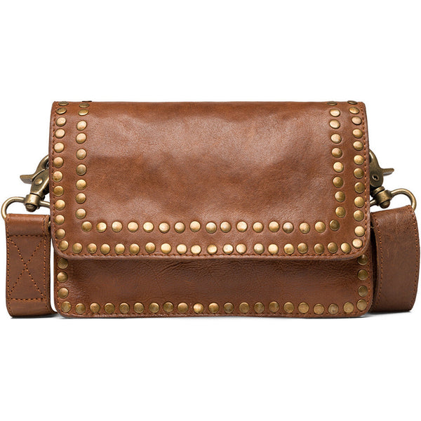 DEPECHE Leather crossbody bag decorated with beautiful rivets Cross over 005 Vintage cognac