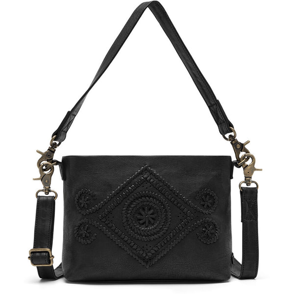 DEPECHE Leather crossbody bag with beautiful bohemian pattern Cross over 099 Black (Nero)