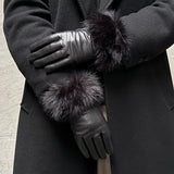 DEPECHE Leather gloves with faux fur Gloves 099 Black