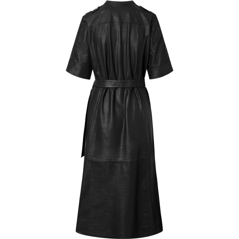 Depeche leather wear Long leatherdress with tie belt and nice details Dresses 099 Black (Nero)