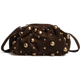 DEPECHE Suede clutch bag with all-over round studs Clutch 008 Chocolate