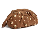 DEPECHE Suede clutch bag with all-over round studs Clutch 028 Caramel