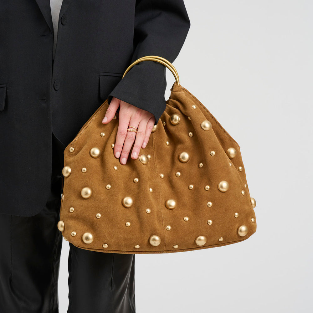 Suede handbag with studs and metal rings / 16856 - Caramel – DEPECHE