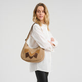 DEPECHE Suede shoulder bag with brown patch details Shoulderbag / Handbag 011 Sand