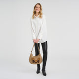 DEPECHE Suede shoulder bag with brown patch details Shoulderbag / Handbag 011 Sand