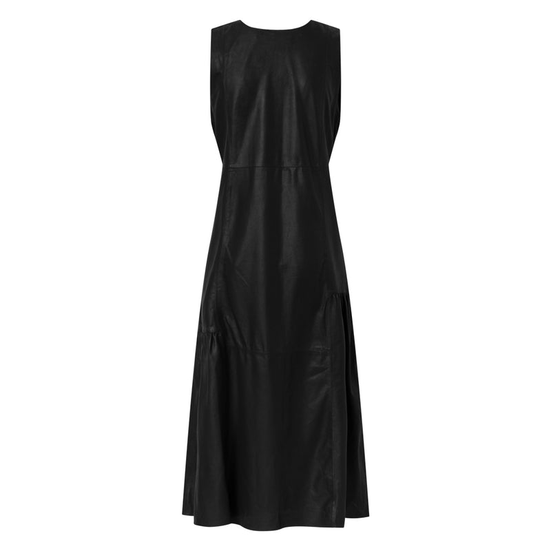 Depeche leather wear Beautiful maxi leather dress with smock effect Dresses 099 Black (Nero)